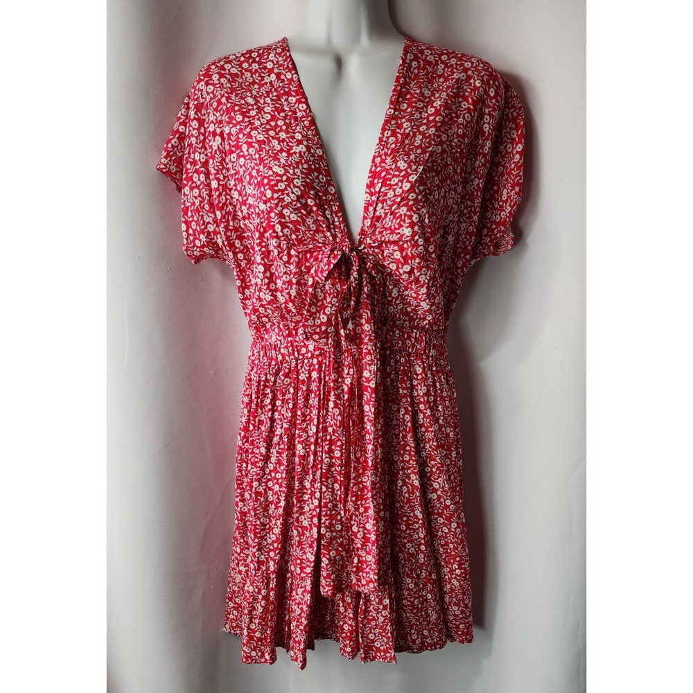 CDM FLORAL MINI‎ SUN DRESS M RED W/ WHITE FLOWERS